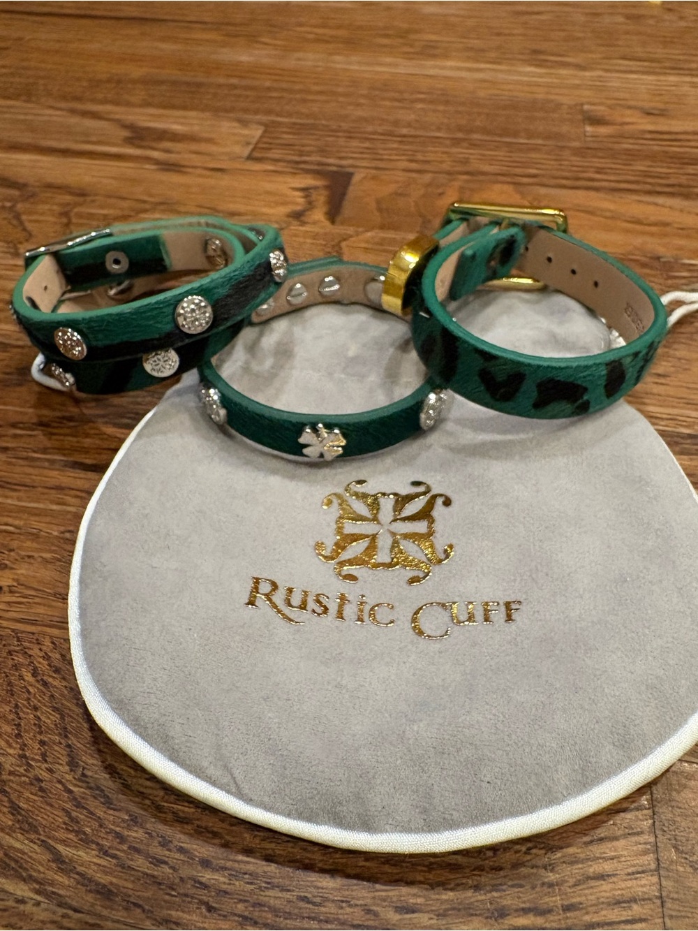 Rustic Cuff Lot of 3 Green Leather Bracelets Shamrock Leopard & Gift Bag